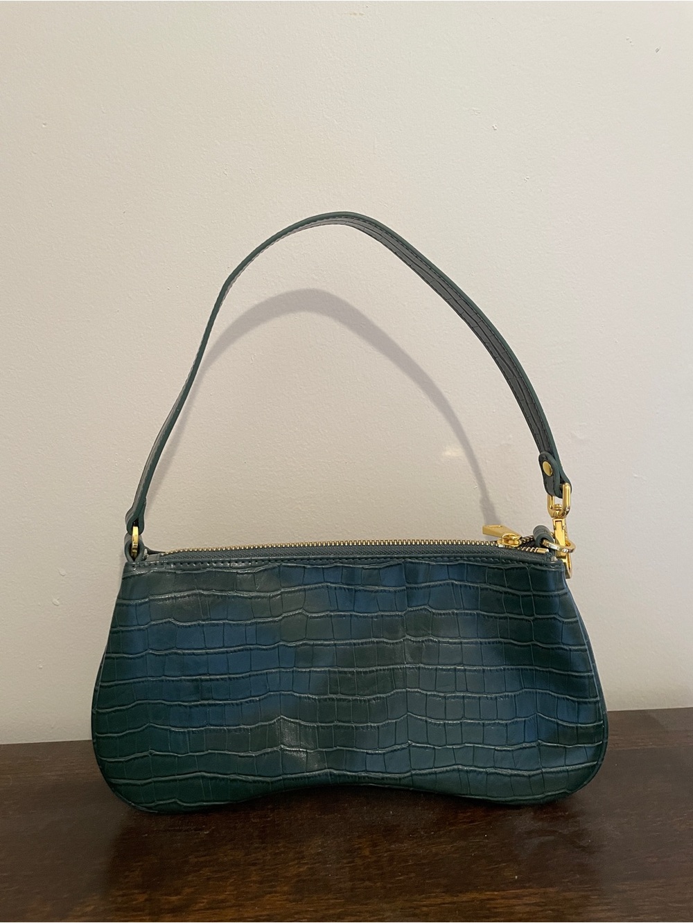 JW PEI Deep Green Croc-Embossed Shoulder Bag with Gold Hardware